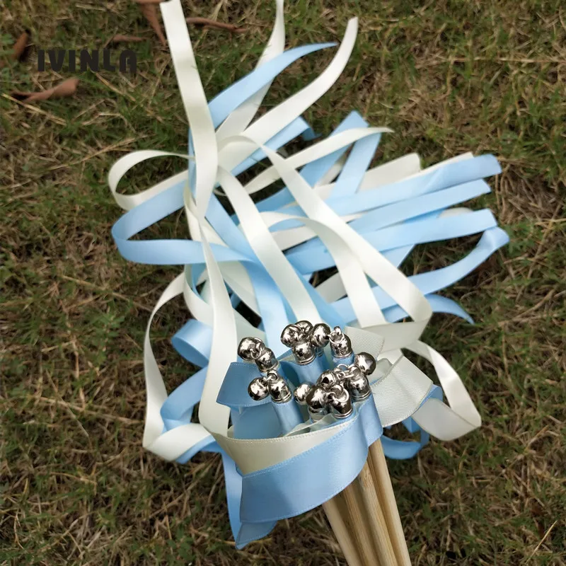 50pcs/lot light blue and white wedding ribbon wands with sliver bell for wedding decoration