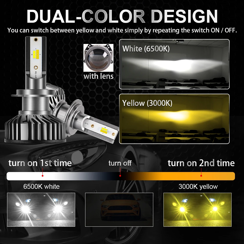 BraveWAY 3000K+6500K Led Car Headlight Bulbs H7 LED H8 H9 H11 Dual 9005 HB3 9006 HB4 LED Lamp Fog Lights Bulbs Yellow+White