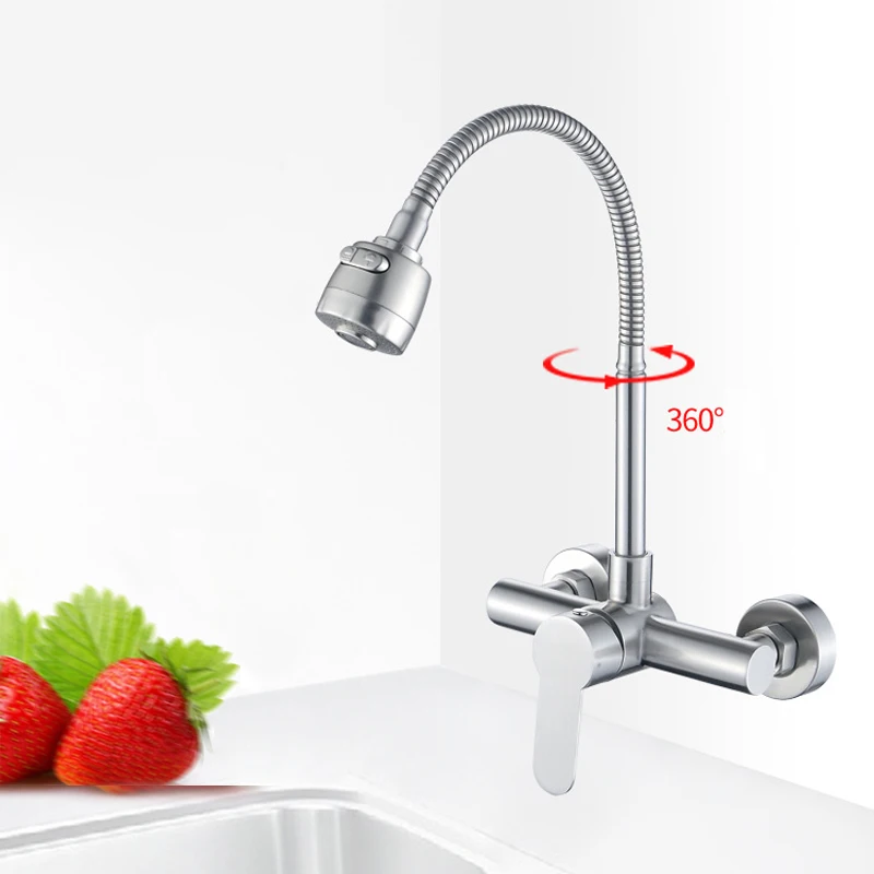 Economic Stainless Steel Wall Mounted Kitchen Sink Faucet Mixer Two Hole Kitchen Water Tap with Spring Sprayer NL717
