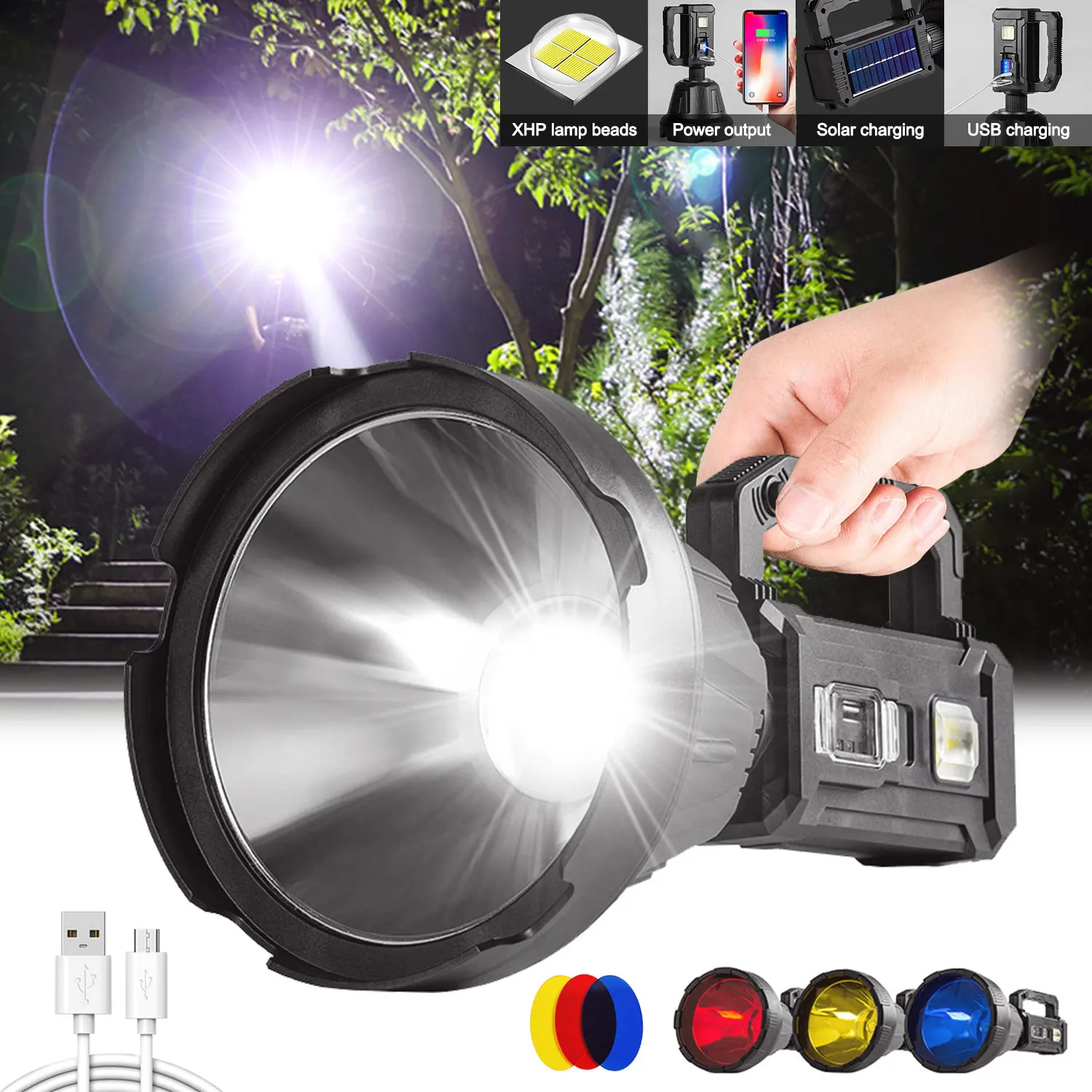 Super Bright Solar LED Searchlight USB Type-C Rechargeable Work Light 6 Modes Police Patrol Flashlight Outdoor Camping Torch