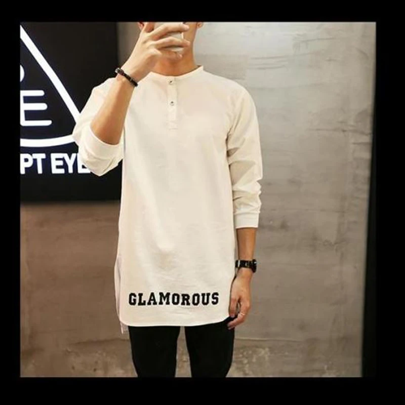 European and American style original tide men's stand-up collar long-sleeved thick large size T-shirt front short back long autu