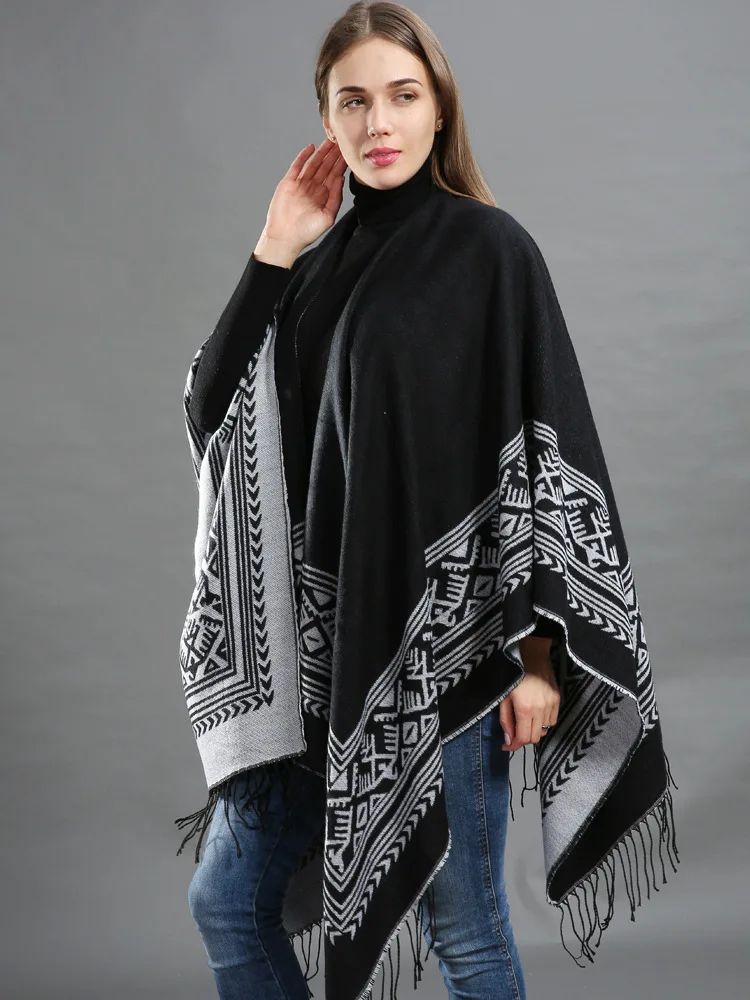 

New Winter Fashion Women Knitted Poncho Tassel Thick Sweaters Cardigan Casual Scarf Batwing Sleeve Jumper Poncho And Capes