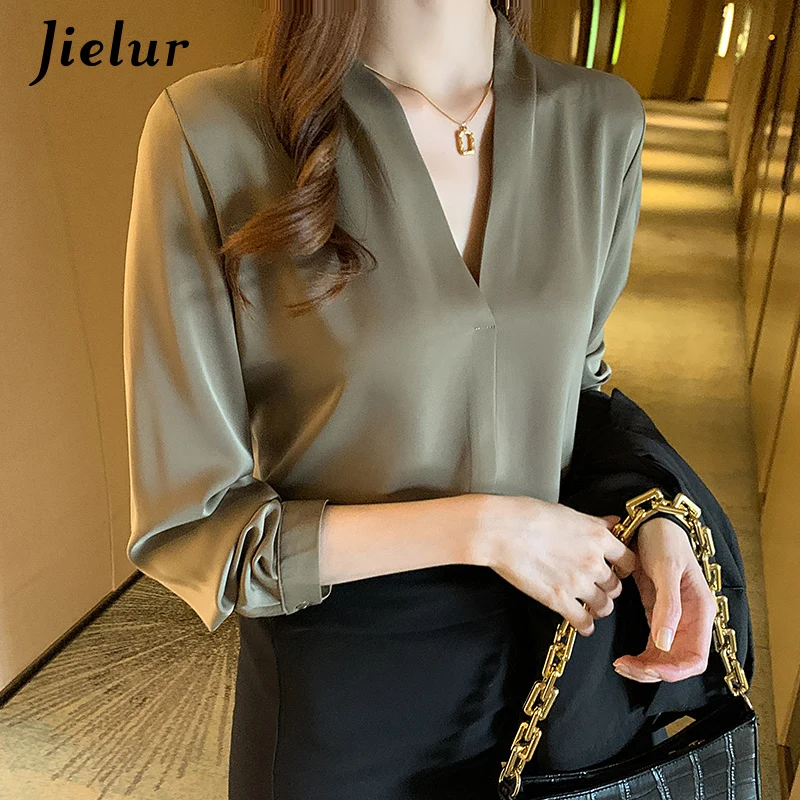 Jielur Solid Color White Shirts Women Office Lady White V-neck Skinny Long-sleeved Tops Autumn Khaki Loose Blouses Female S-XXL