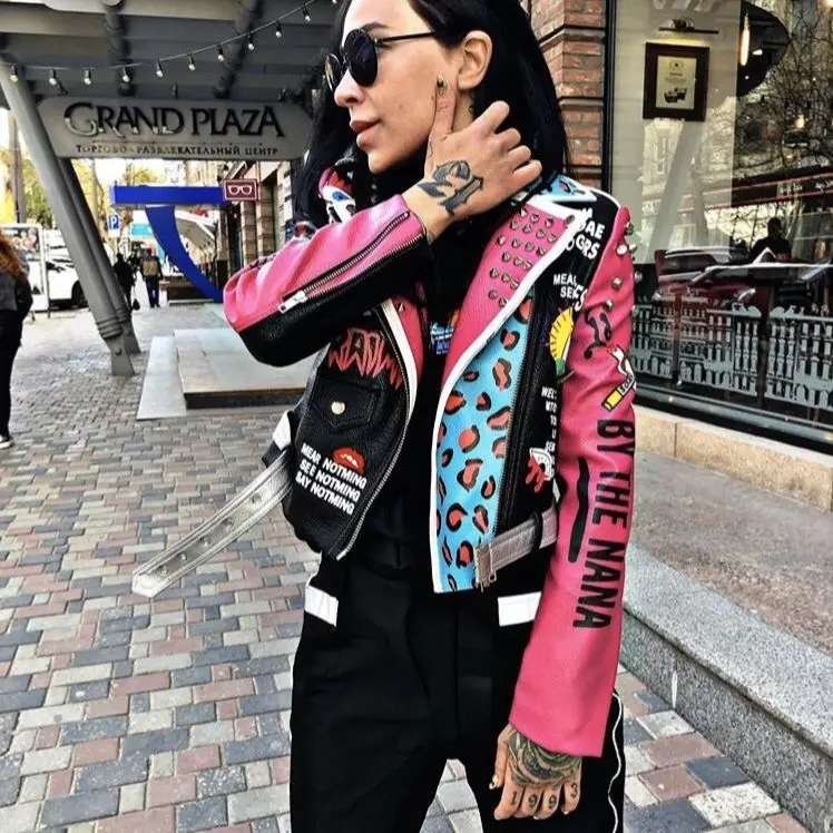 Autumn winter new heavy work rivet printing PU leather jacket leopard letters doodle slim motorcycle leather coat outwear L1413