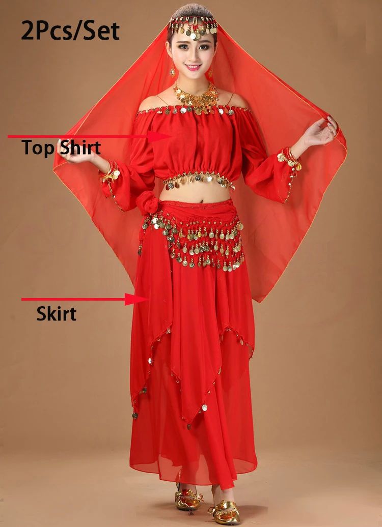 Adult Belly Dance Costume Set Chiffon Coin Long Sleeves Top And Skirt Indian Dance Wear Suit For Women Purple Dancing Clothes