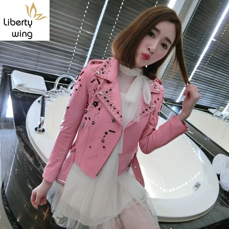 New Heavy Work Beading Diamonds Genuine Leather Women Jackets Luxury Sheepskin Motobiker Slim Fit Female Outerwear Short Coats