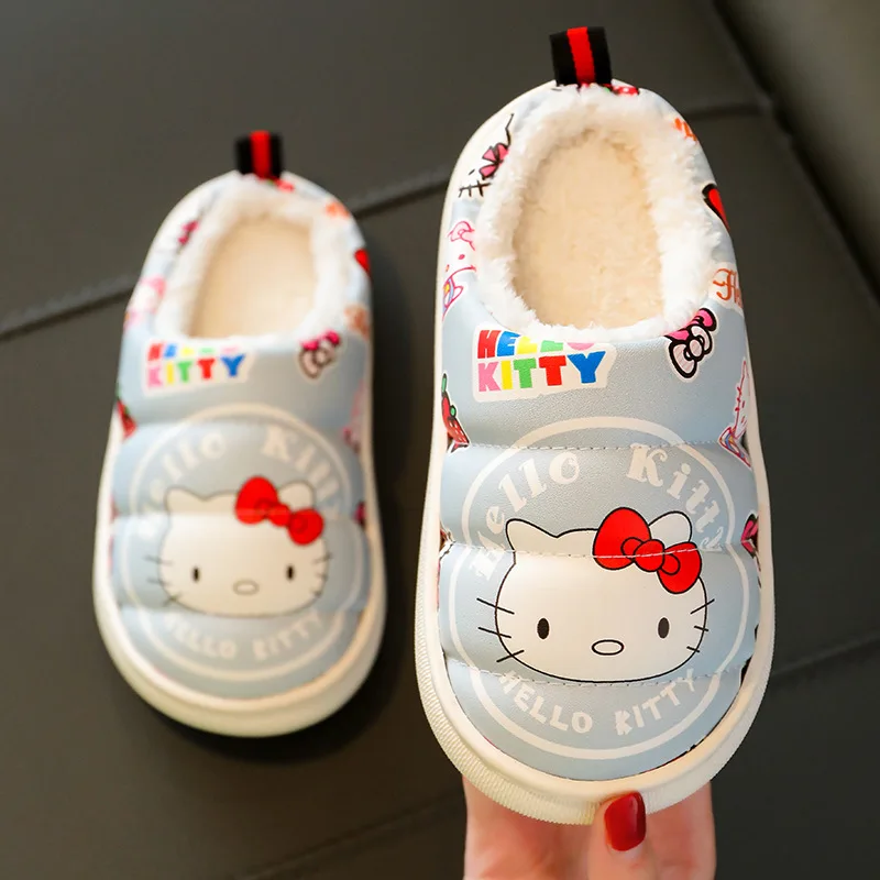 Hello Kitty Children\'s New Leather Waterproof Cotton Slippers For Girls And Boys Home Non-slip And Warm Cute Cartoon Plush Shoes