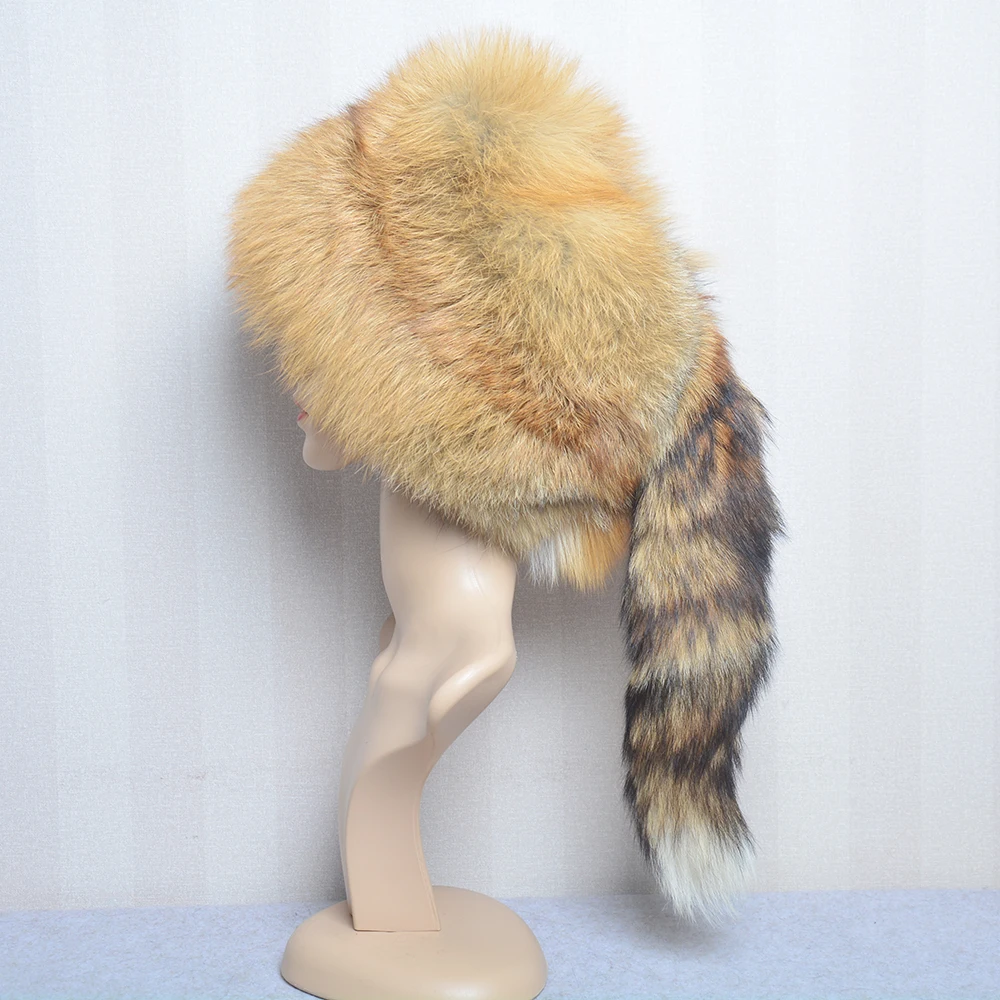 2024 Unisex Real Fox Fur Beanies Hat Mongolian Hat Unique Process Fox Tail Design Luxury Winter Warm Hats For Fashion Bomber Hat