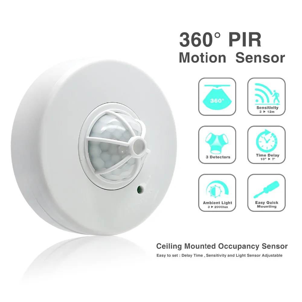 High Sensitivety Adjustable 360 Degree  Ceiling PIR Motion Sensor With 3 Detectors 110V 220V Led Light Switch