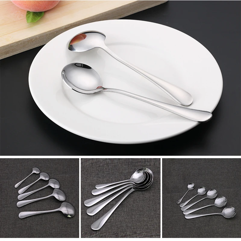 

1PCS Stainless Steel Round Soup Spoons coffee stirring spoon Tableware Dessert Spoon Dishwasher Safe Kitchen Tool For Kids Aduls