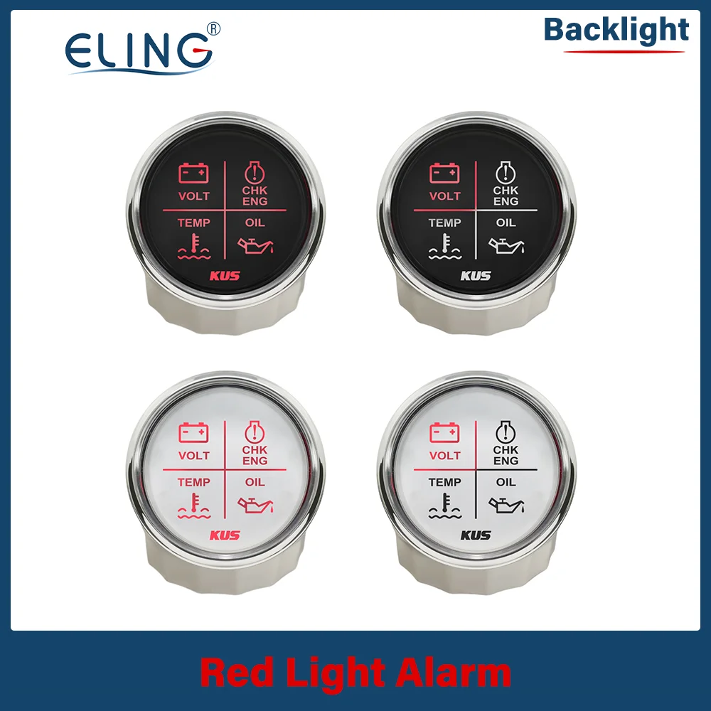 KUS 52mm (2'') Alarm Gauge Meter 4 LED Alarm Indicator Gauge Volt Oil Water Temp Check Engine for Car Boat Red Light 12V 24V