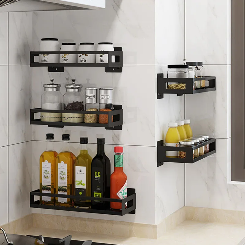 Kitchen Rack Stainless Steel  Spice Rack Free Punching Wall-mounted Oil Salt Sauce Vinegar Storage Rack  Bathroom Wall Shelf