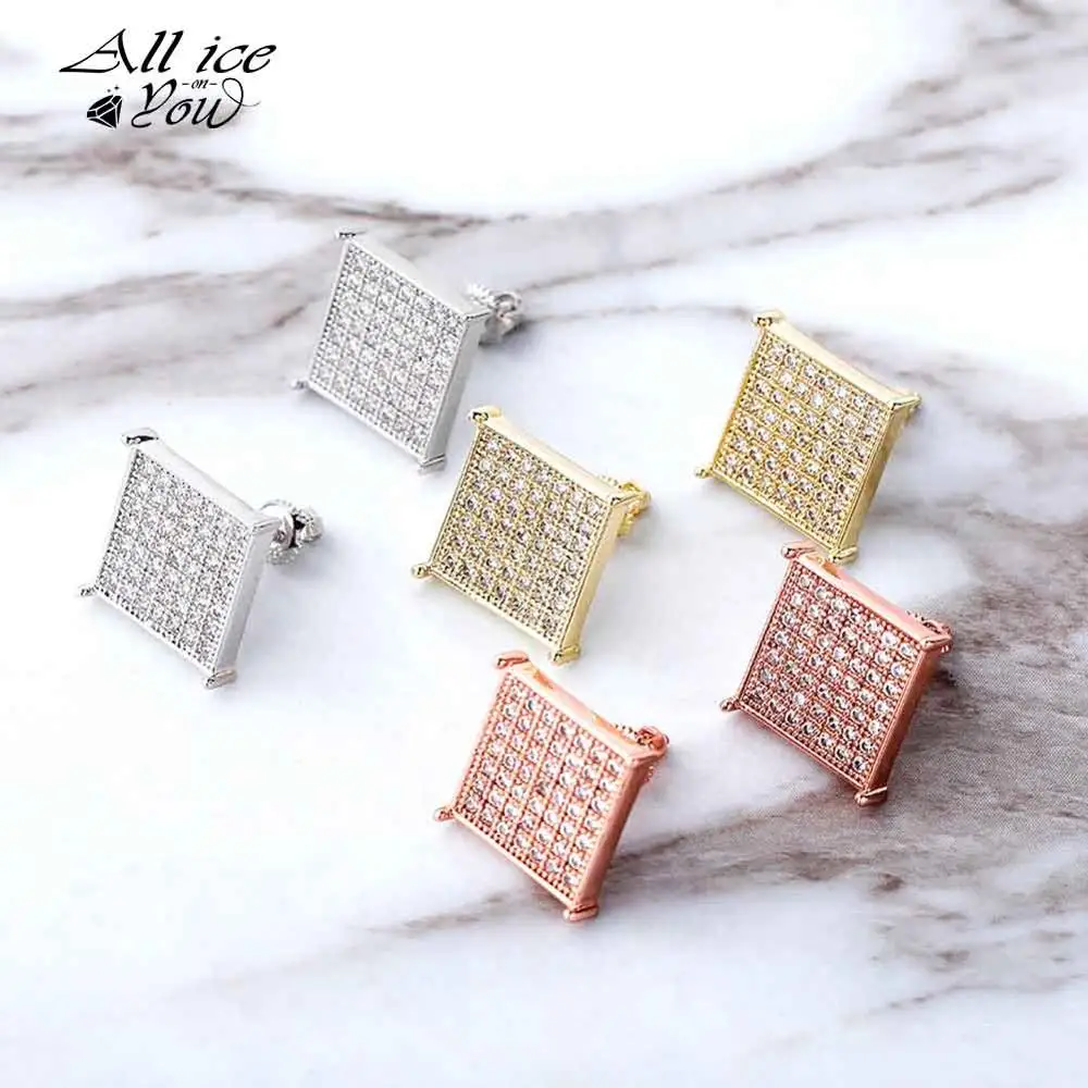 ALLICEONYOU 12mm Square Shape Stud Earrings Iced Out Cubic Zirconia Micro Pave Hip Hop Fashion Jewelry Gift For Men Women