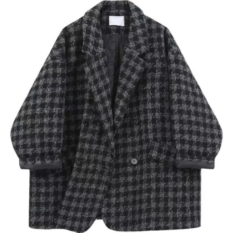 Blazer Women 2022 Winter Houndstooth Thicken Casual Plaid Coat   Oversized Winter Clothes Women Long Sleeved Ladies Jacket Fall