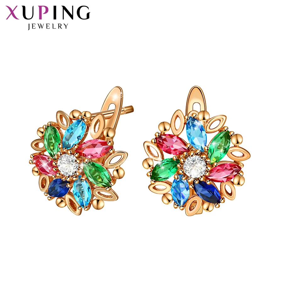 Xuping Jewelry Fashion Women Huggies Earrings with Colorful Flower Shaped Synthesis Cubic Zirconia 98251