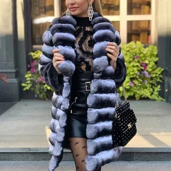 90cm Long Real Rex Rabbit Fur Coat With Turn-down Collar Winter Fashion Chinchilla Color Genuine Rex Rabbit Fur Coats Outwear