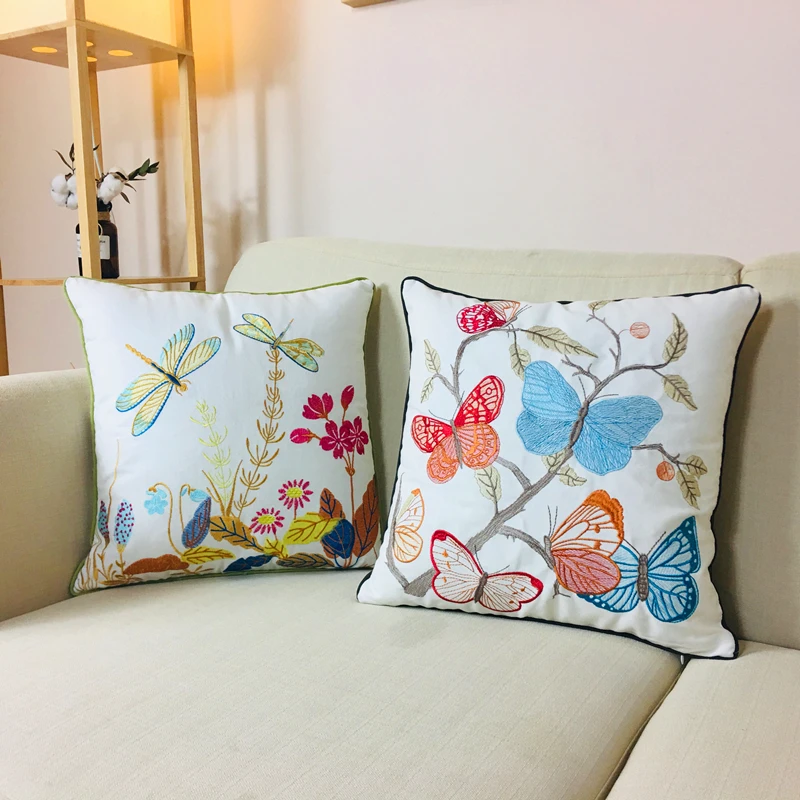 Butterfly Cushion Cover 45x45cm Floral Country Style Pillow Cover Cotton Embroidery Suqare Home decoration for Living Room