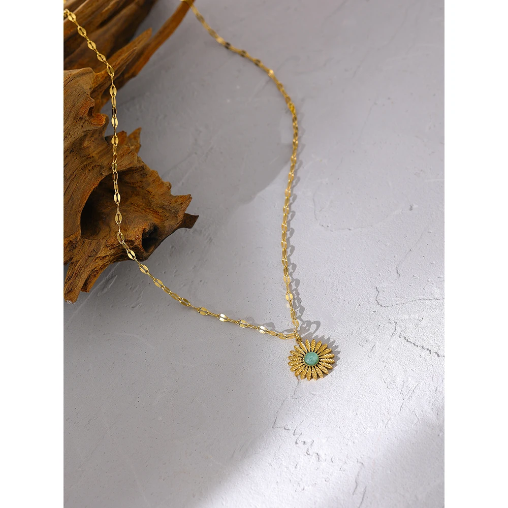 Yhpup 316L Stainless Steel Accessories Trendy Flower Natural Stone Pendant Necklace Charm Metal Collar Golden Fashion Jewelry