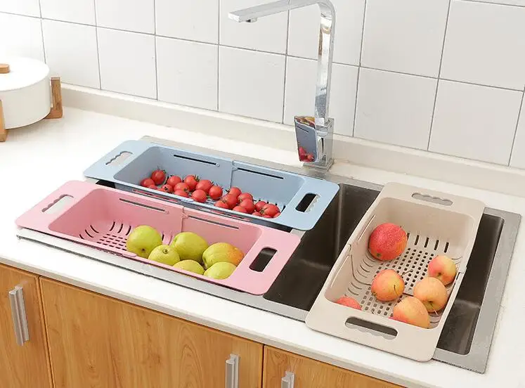 

1PC Plastic Retractable Vegetable Fruit Washing Drain Basket Over Sink Drain Rack Colanders Strainer Drying Storage Rack LF 251