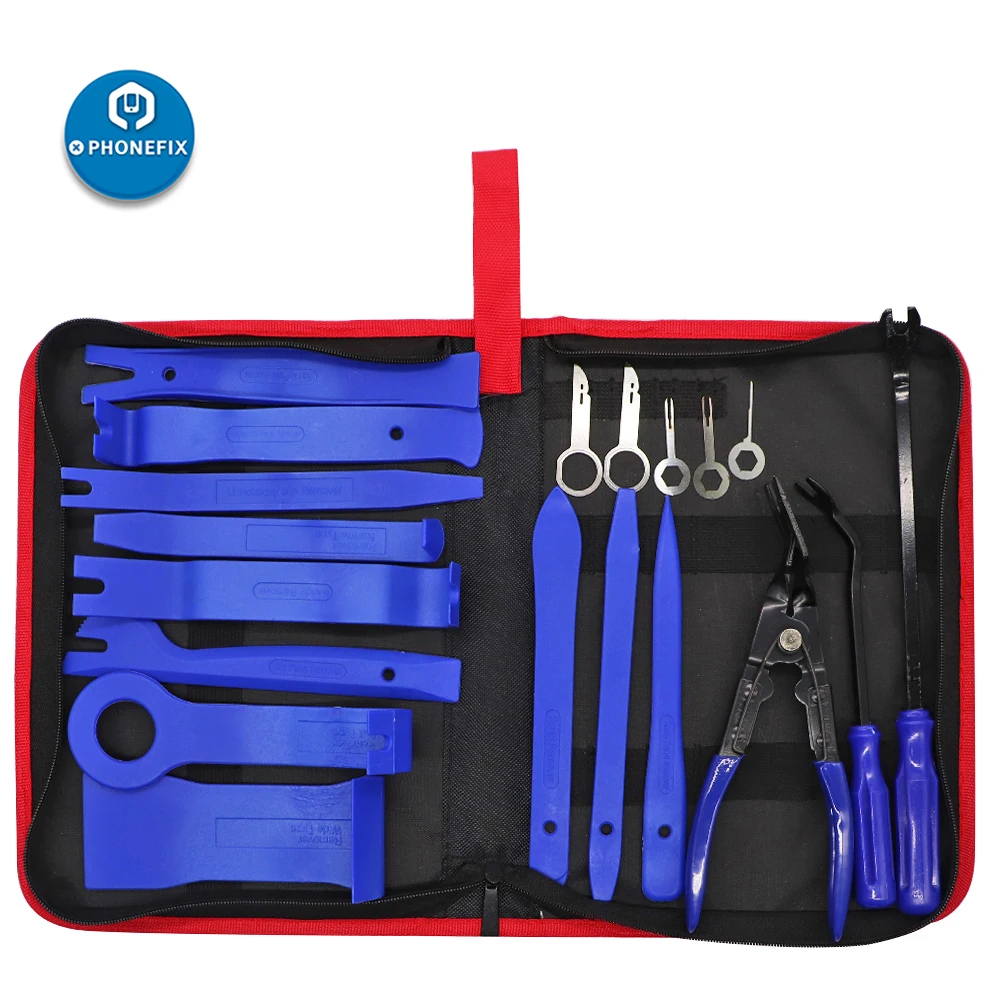 Juego de herramientas de mano para desmontaje de coche, Kit de herramientas de palanca de extracción de Panel de embellecedor de plástico Interior, sujetador con bolsa de almacenamiento, 19 Uds.