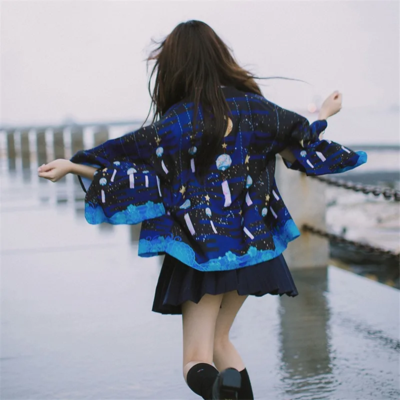 Japanese Style Kimono Cardigan Women Men Top Traditional Streetwear Blouses Cosplay Anime Stars Moon Wind Chimes Oversize Girls