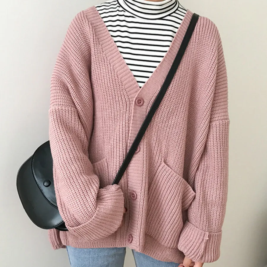 Simple Casual Oversized Sweater Women Loose V Neck Slim Knit Sweater Woman Autumn Winter Korean Warm Cardigan Feminino 2023