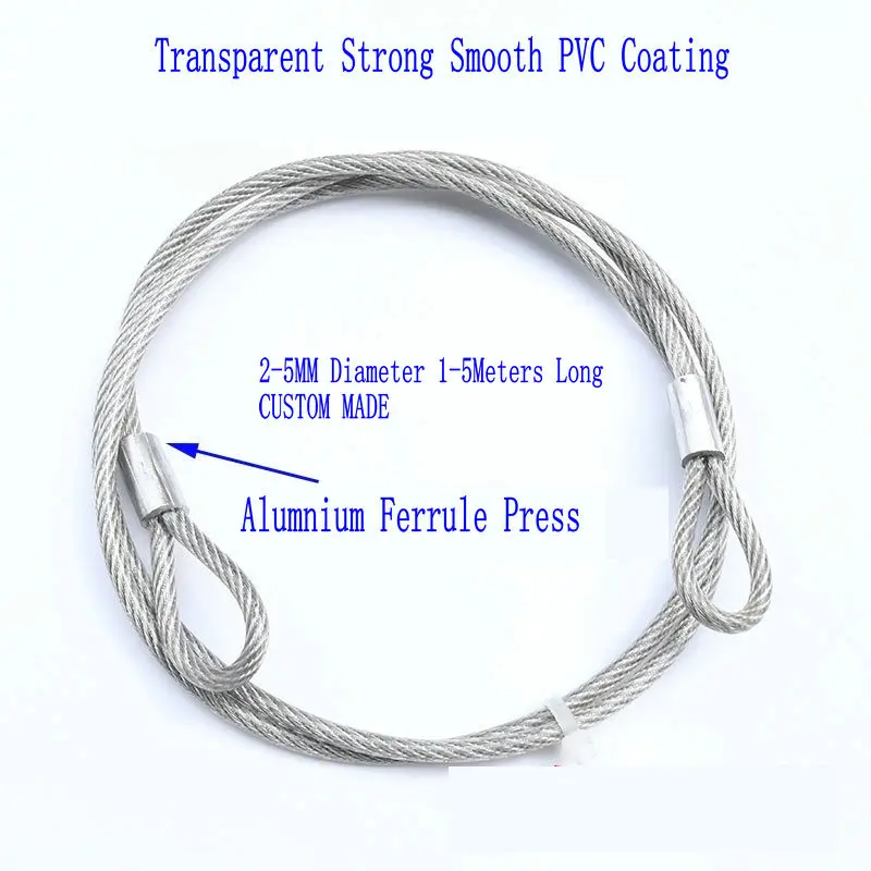 HQ Custom Made 2-5MM Diameter CLEAR PVC COATING Stainless Steel 304 Wire Rope Cable Sling with Ferrule Fastened Eyelets Loops