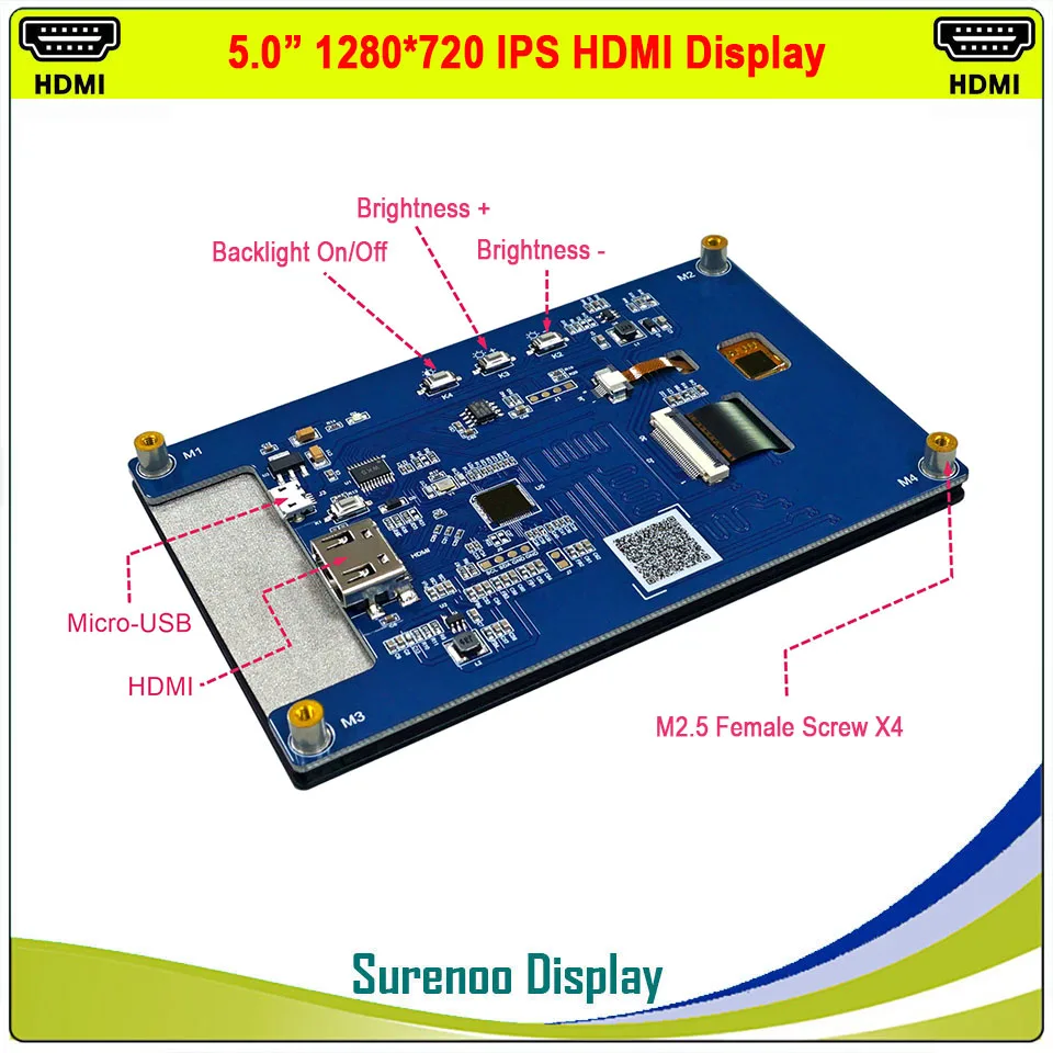 5.0" 5 inch 1280*720 IPS Inner HDMI-Compatible HD LCD Module Monitor Display Screen USB Capacitive Touch Panel for RaspBerry Pi