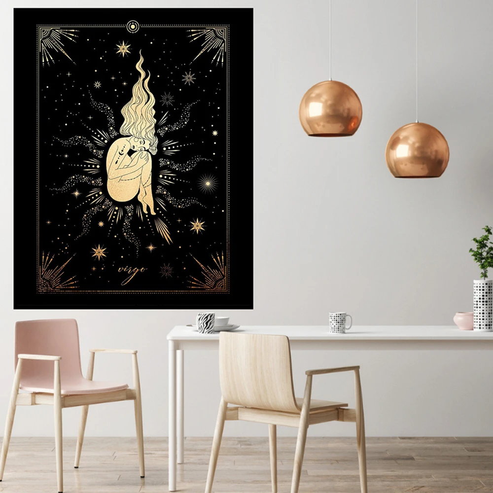 برج العذراء زودياك الذهب الأسود ستار تسجيل الفن طباعة علم التنجيم الفلكي ملصق جدار صورة ديكور المنزل هدية الحاضر جدار الفن يطبع