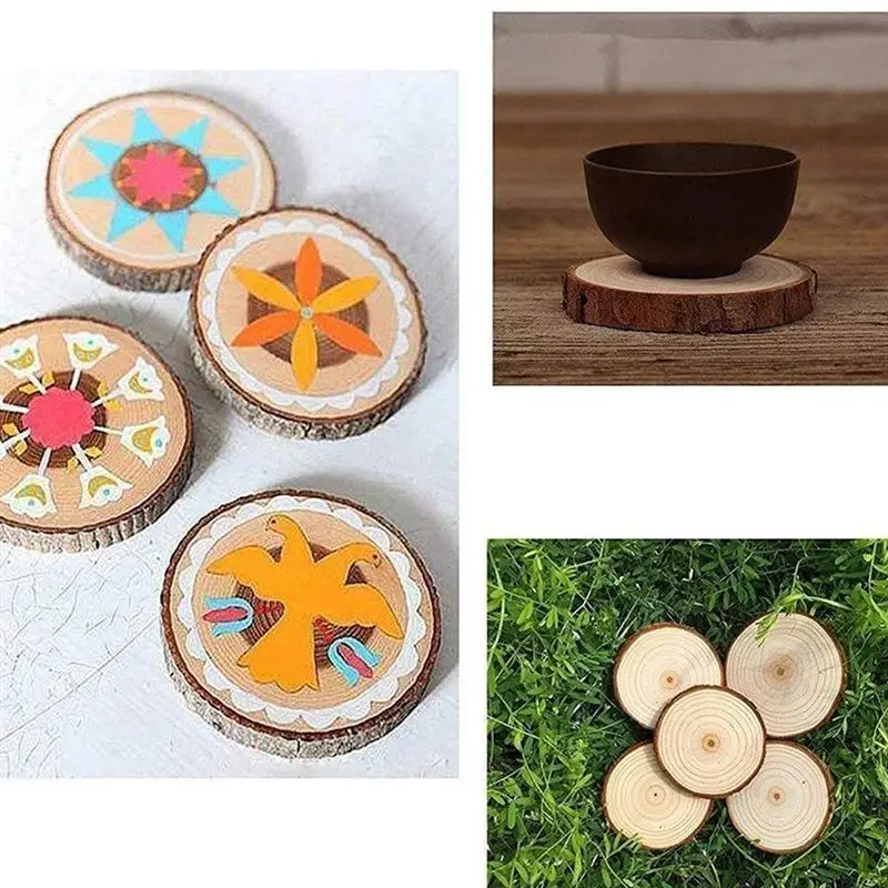 5-100PCS Thick Natural Pine Round Unfinished Wood Slices Circles With Tree Bark Log Discs DIY Crafts Wedding Party Painting