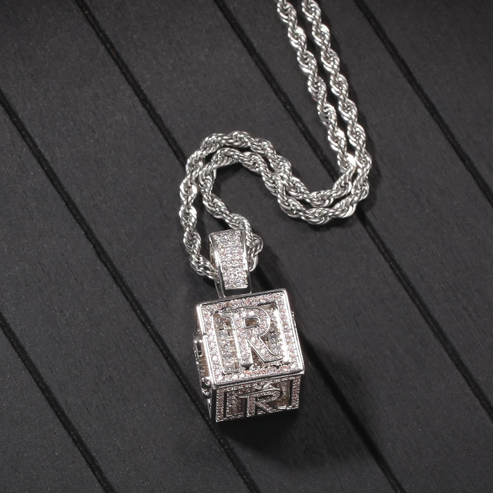 THE BLING KING Solid Square Block Letter Pendant Necklace English Initial Baby Letters Fashion Iced Out Cubic Zirconia Jewelry