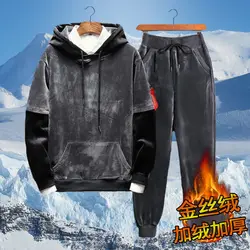 2020 winter Plus Size Men Casual Warm Tracksuit Fleece Zipper Hooded Coat Drawstring Pants 2 Piece Sets Mens Clothing