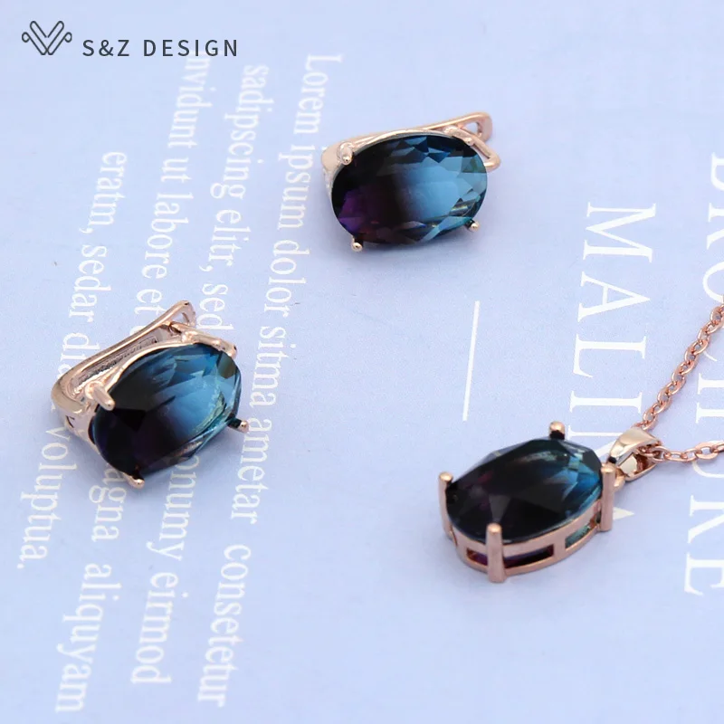 S&Z DESIGN Fashion Egg Shape Oval Imitation Tourmaline Jewelry Sets For Women Dangle Earrings Rose Gold Color Pendant Necklace