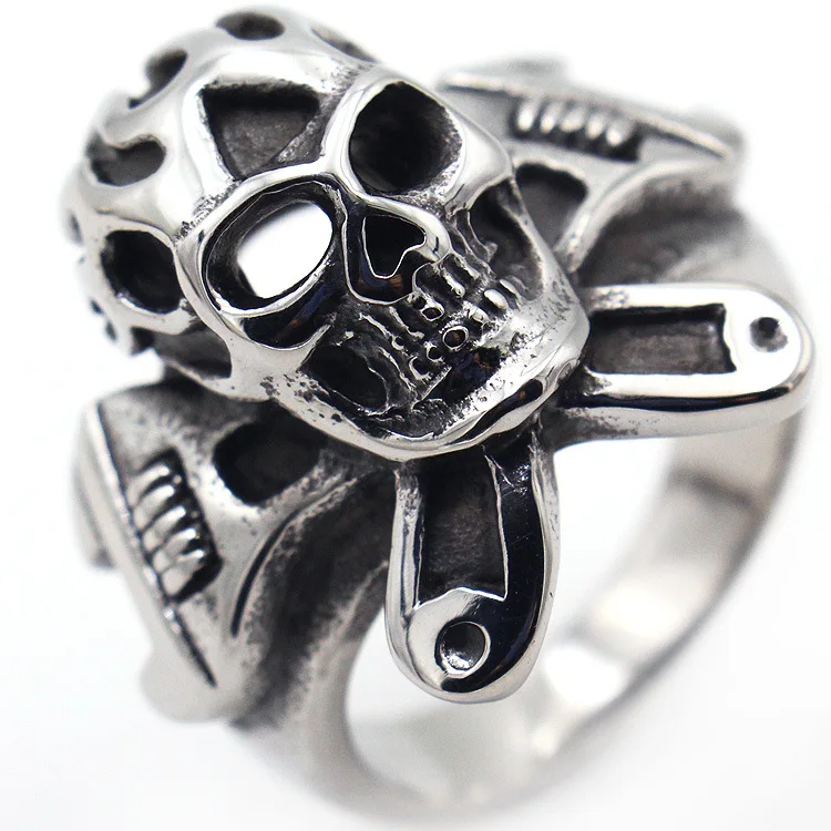 

AsJerlya 316L Stainless Steel Men Rings Wrench Skull Punk Gothic Biker Rings For Men's Vintage Ring Jewelry