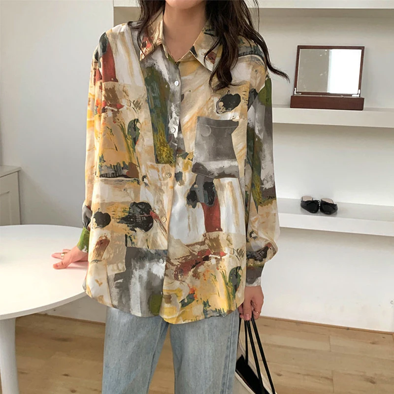 Vintage Blouse Beautiful Top Chic Spring Clothing Ladies Oil Painting Print Korean Streetwear Short Sleeve T-Shirts For Girls