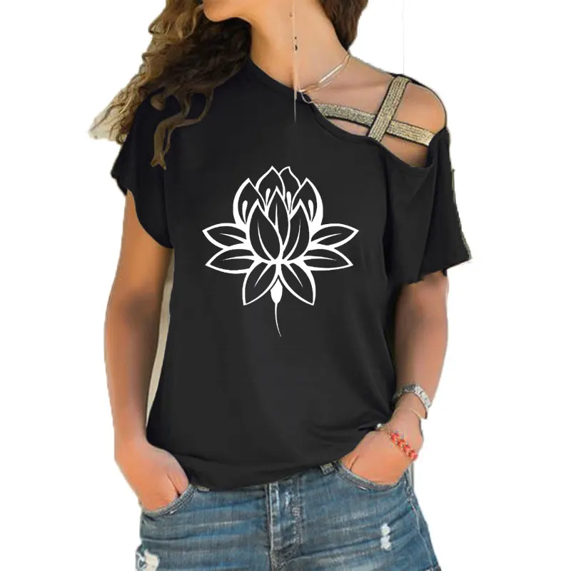 

DAWASARU Lotus Flower Buddhism Buddha Meditation Print T Shirt Short Sleeve Funny Women Irregular Skew Cross Bandage cotton tees