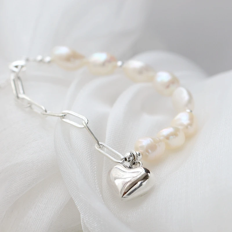 Handmade CreativeTrendy Heart Shape Pendant Collocation Natural Baroque Pearl Personality Irregular 925 Sterling Silver Bracelet