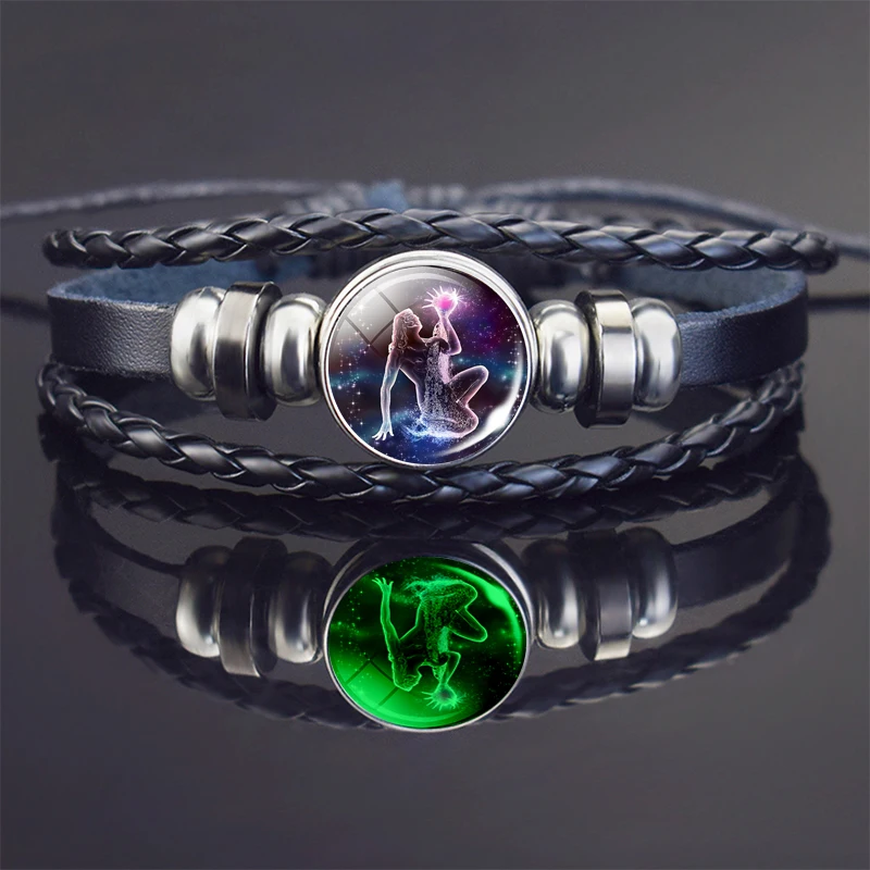 Luminous Aquarius Bracelet Zodiac Sign Braided Leather Bracelet Glow In The Dark Aquarius Jewelry Birthday Present