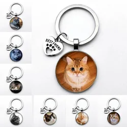 Casual Very Cute Pet Cat Key Ring Key Chain Glass Cabochon Charm Key Ring Pendant Handmade Animal Jewelry Diy Making Gift