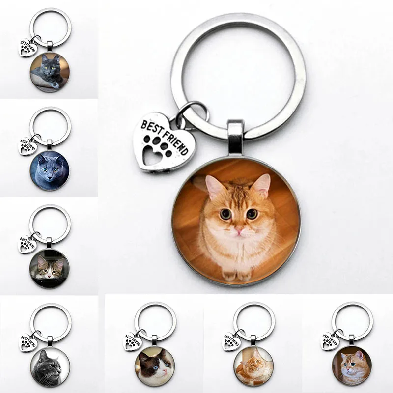 Casual Very Cute Pet Cat Key Ring Key Chain Glass Cabochon Charm Key Ring Pendant Handmade Animal Jewelry Diy Making Gift