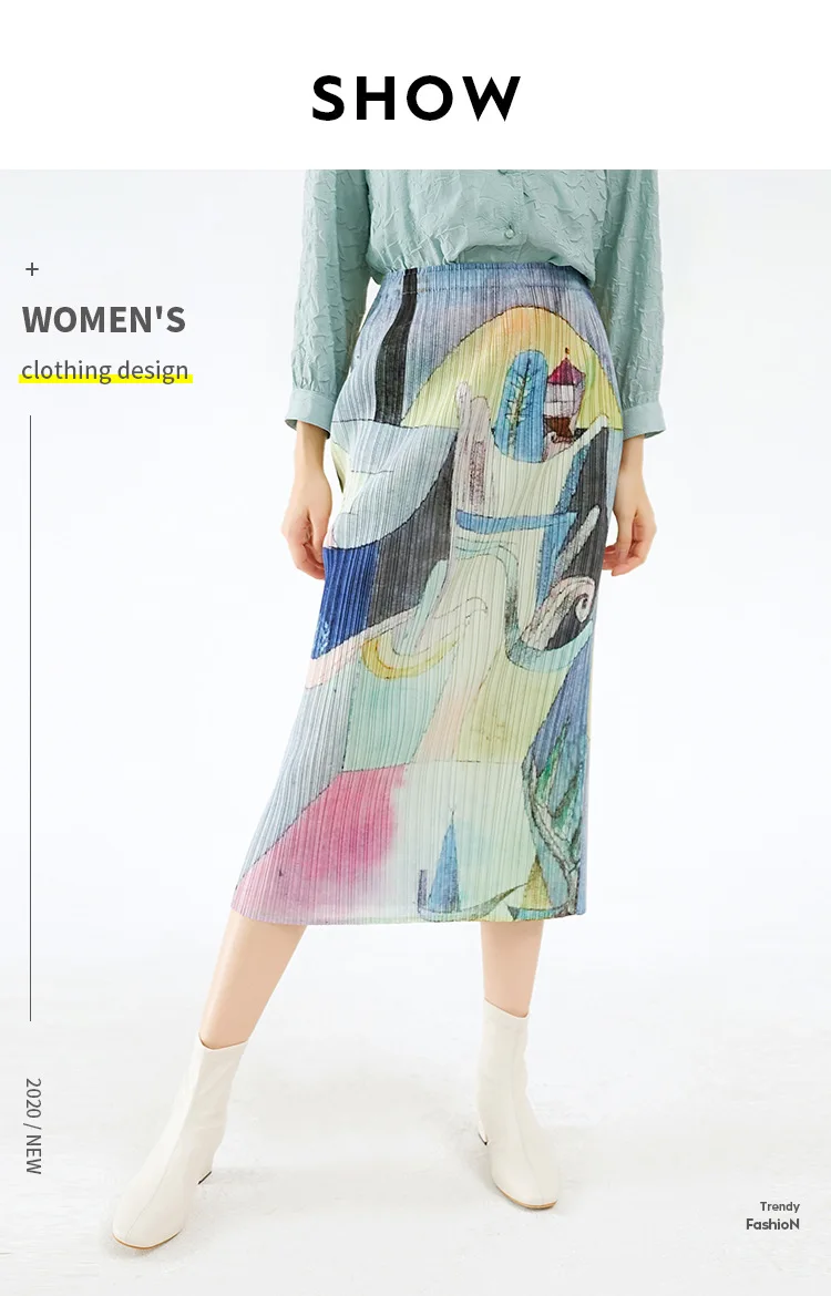 

HOT SELLING Miyake fold Wide-brimmed twill pleated Weave Sumizome Printed castle skirt IN STOCK