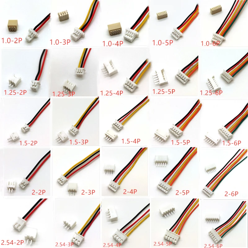 SH1.0 JST1.25 ZH1.5 PH2.0 XH2.54 Conector Fêmea + Macho, 2, 3, 4, 5, 6, 7, 8, 9, 10P Plugue com cabo 10, 20, 30cm, 10 Conjuntos