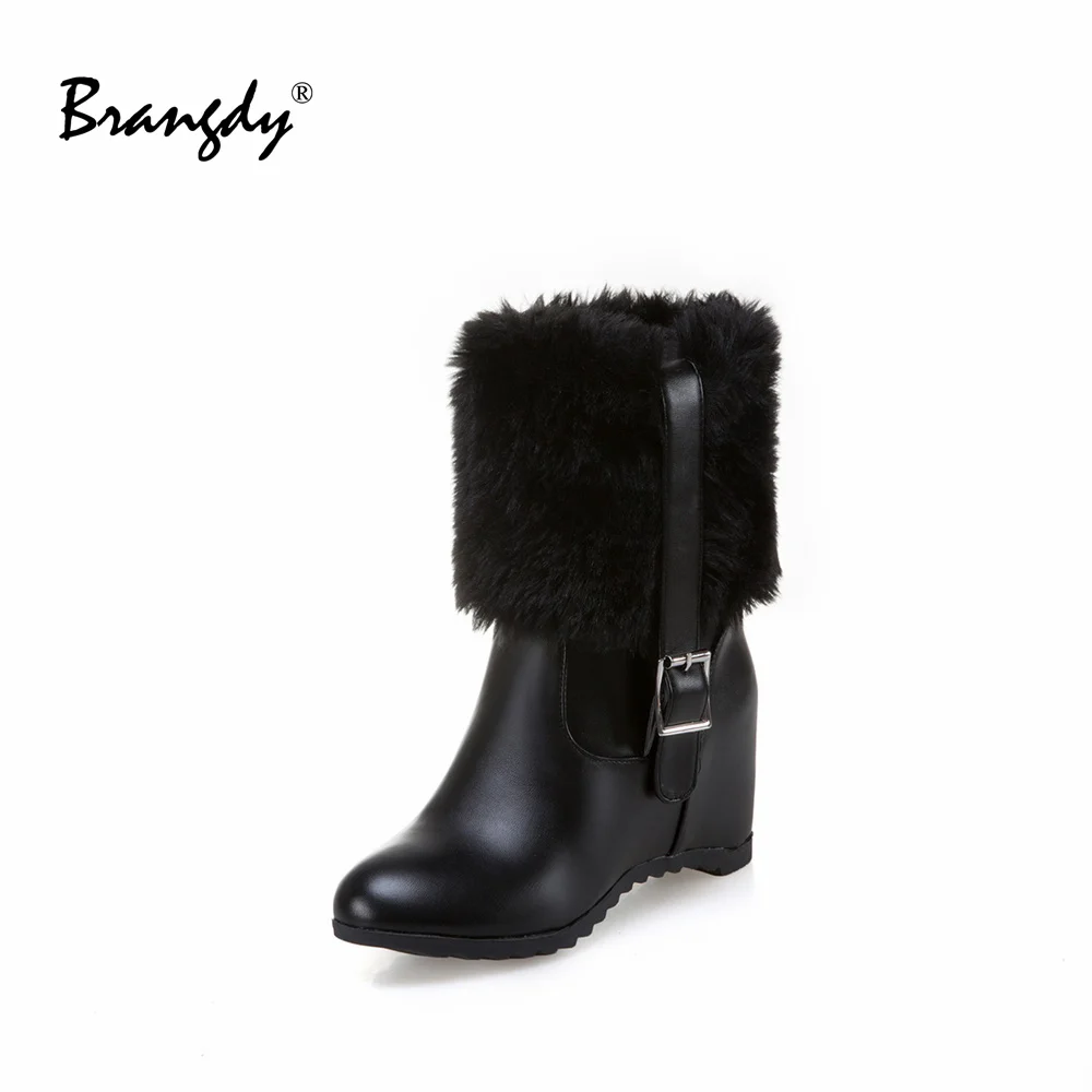 

Brangdy Morden Women Ankle Boots PU Leather Hidden Height Women Shoes Round Toe Wedges Womens Winter Boots With Fur Belt Buckle