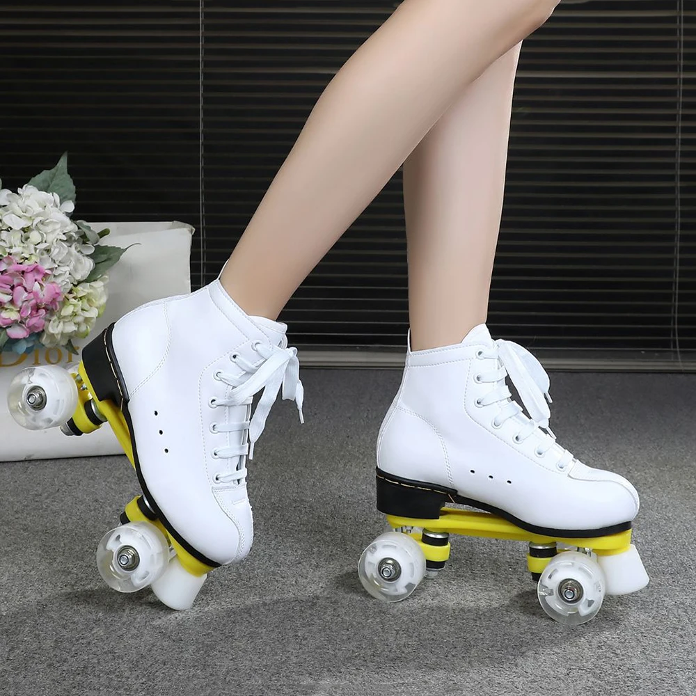 

Adult Double Row Roller Skate Shoes Black White Outdoor 4 Wheels Training Shoes Man Woman Sports Patines Shoes