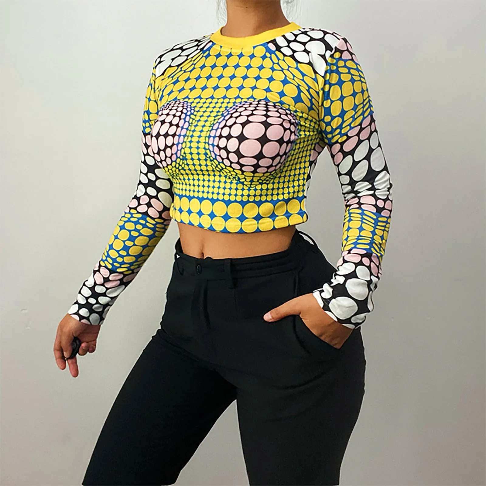 Vrouwen Lage Taille Fashion Dot Gedrukt Lange Mouwen Sexy Crop Tops Streetwear Contrast Kleur Ronde Hals Slim Fit T-shirt Nachtclubs