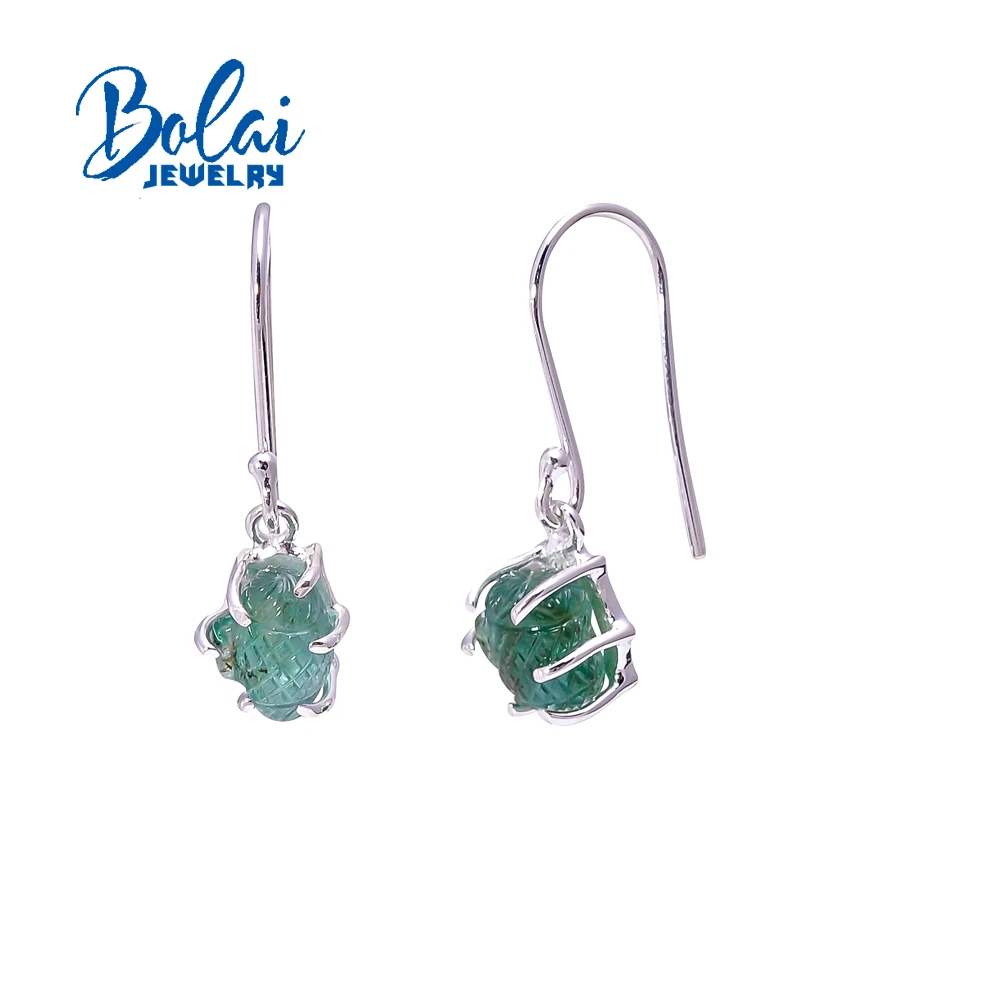 

Bolaijewelry 2021 New handmade natural emerald rough earrings 925 sterling silver simple design women's fine jewelry