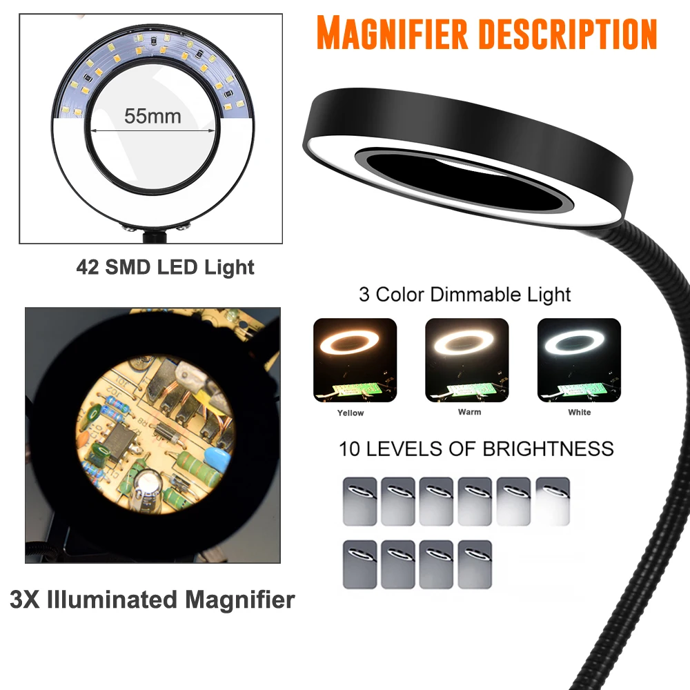 NEWACALOX Supporto per PCB di terza mano per saldatura 5 pezzi Stazione di saldatura per mani aiutanti 3X Lente d\'ingrandimento a LED Lampada da