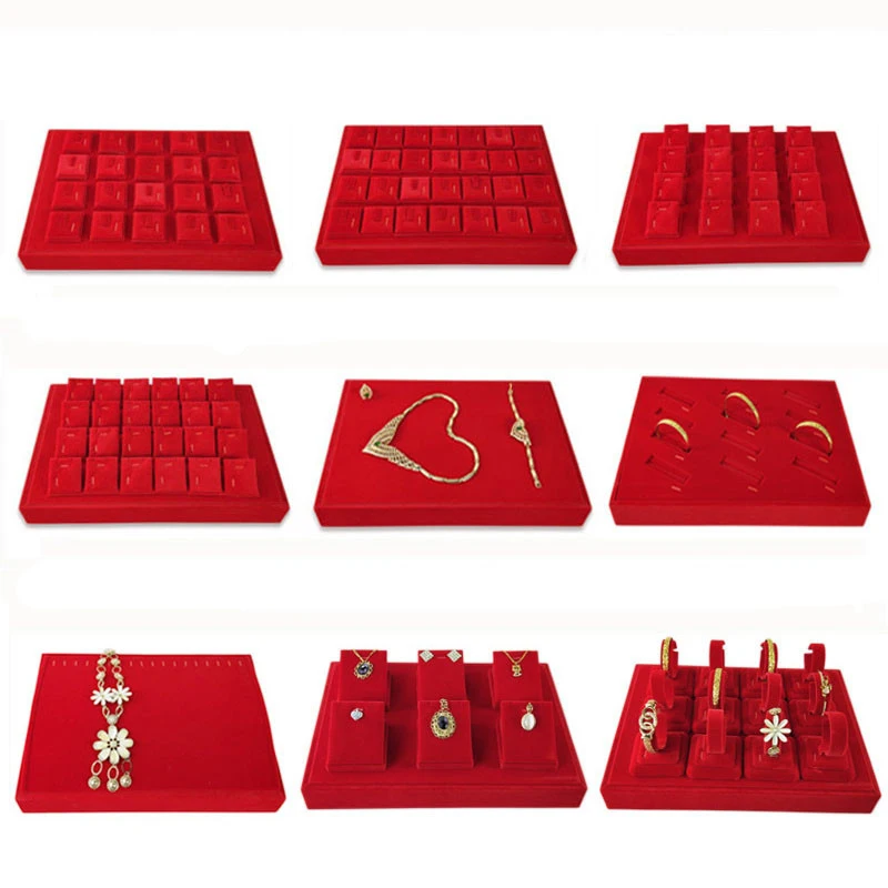 Red Velvet Ring Jewelry Display Tray Holder Stud Bracelet Earring Pendant Necklace Watch Jewelry Storage Organizer Showcase Tray