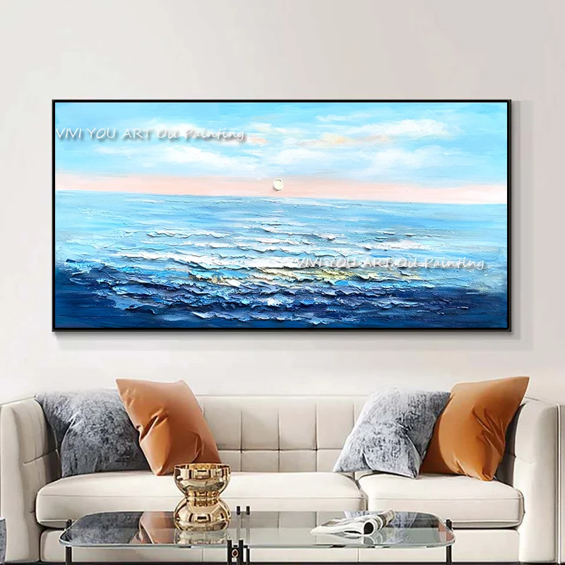 

100% Hand Painted Oil Painting On Canvas Blue Ocean Wall Art Posters Pictures Handmade Canvas Painting For Home Wall Decoration