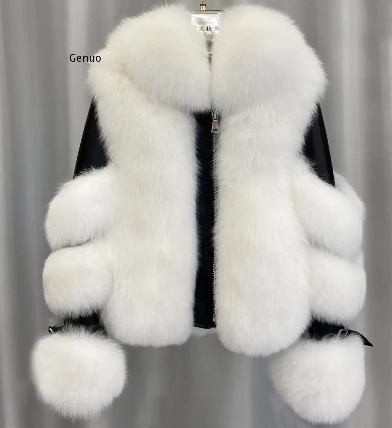 Women Faux Fox Fur Coat Imitation Sheepskin Leather Jacket Fluffy Fake Fox Fur Coats with Plush Fur Collar Winter Thick Overcoat